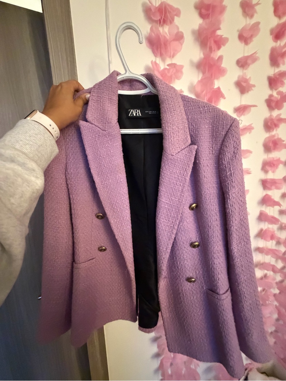 Zara Lavender Bouclé Double-Breasted Blazer